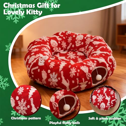 Cat Tunnel Christmas Tree Skirt for Indoor Cats with Bed,Christmas Cat Tunnel Peekaboo Cave Play Christmas Tree Cat Tunnels,Cute Cat Donut Toys Tunnel Skirt Hideout Under Tree (Red 2) - color: Red 2