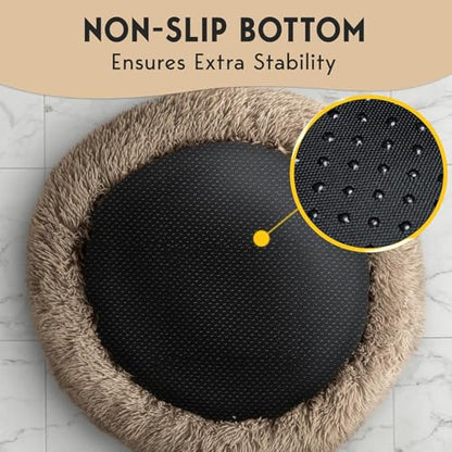 PetJett Calming Medium Dog Bed - 30'' Round Dog Beds - Washable Dog Bed - Anti-Slip Super Soft Fluffy Plush Donut Bed, Anti-Anxiety Premium Comfort Pet Bed, Fits Dogs up to 45 lbs - Beige - color: Beige, size: Medium - 30”L x 30”W x 8”Th