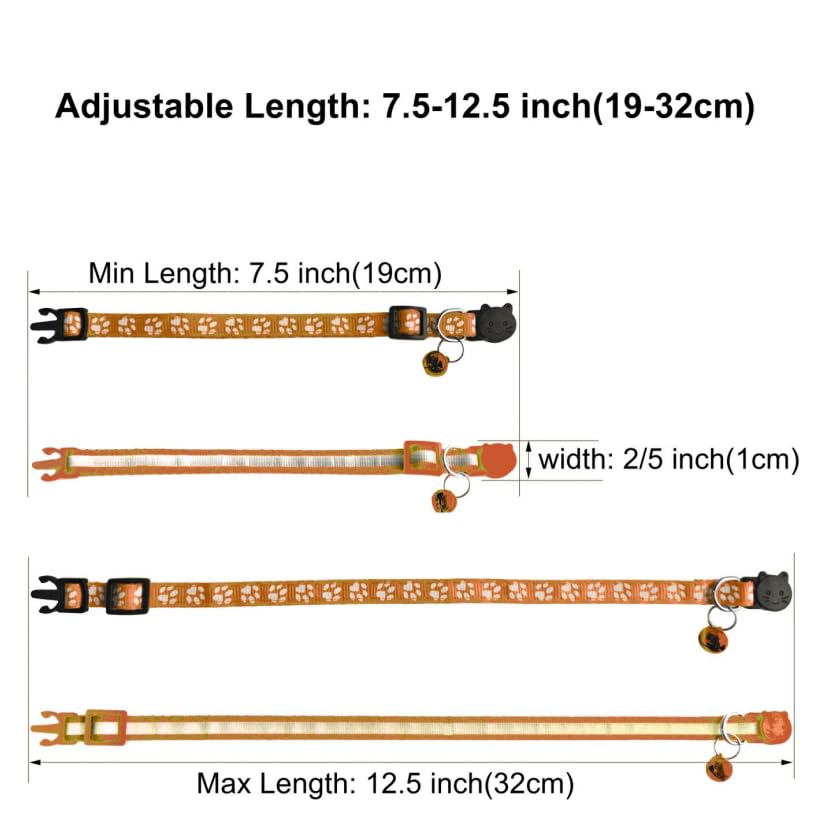 2 Pack Breakaway Cat Collars with Bells, Reflective Design and Claw Print Design, Safety Buckle Kitten Collars Adjustable from 7.5 to 12.5 Inches (Orange) - color: Orange