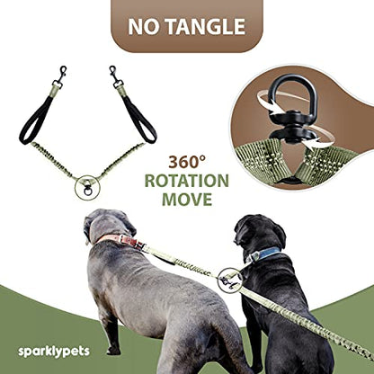 SparklyPets - Hands Free Dog Leash with Reflective Stitches - Waist Leash for Medium & Large Dogs Walking, Hiking, Training, Jogging, Canicross, Running - color: Olive Green, size: 2 dogs M/L