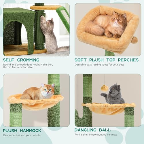 YITAHOME 37in Tall Cactus Cat Tree Tower: Cute Kitten Climbing Tower with Self-Grooming Brush, for Indoor Cats with Kitty Condo Plush Platform Hammock Sisal Scratching Posts Dangling Ball - style: Cactus-37in