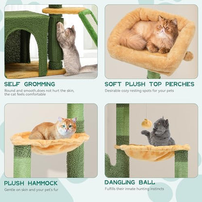 YITAHOME 37in Tall Cactus Cat Tree Tower: Cute Kitten Climbing Tower with Self-Grooming Brush, for Indoor Cats with Kitty Condo Plush Platform Hammock Sisal Scratching Posts Dangling Ball - style: Cactus-37in