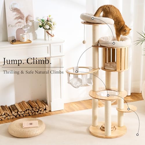 797Audio Wood Modern Cat Tree, 61.5" Cat Tower with Sisal Scratching Posts, Cat Condo, Capsule,Hamnock and Spinner Toy, Solid Wooden Aesthetic Multi-Level Cat Climbing Tree for Adult Indoor Cats-White - color: 62 Inch-Turntable-White