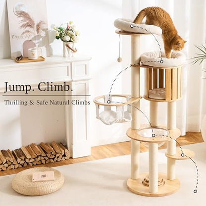 797Audio Wood Modern Cat Tree, 61.5" Cat Tower with Sisal Scratching Posts, Cat Condo, Capsule,Hamnock and Spinner Toy, Solid Wooden Aesthetic Multi-Level Cat Climbing Tree for Adult Indoor Cats-White - color: 62 Inch-Turntable-White