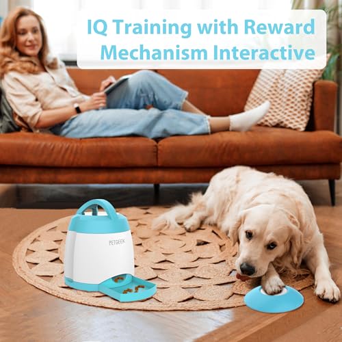 PETGEEK Automatic Dog Treat Dispenser, Puzzle Memory Training Activity Toy- IQ Training Dog Button Feeder, Remote Button Treat Dispenser for Dogs (Upgrade Blue)