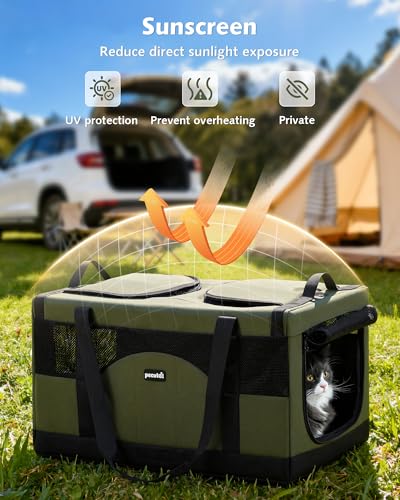 Pecute Dual Compartment Pet Carrier for Multi-Cat Families & Small Dog Owners, Collapsible Dog Crate with Reinforced Steel Frame, Car Safety Design for Travel, Vet Visits & Home Use, Green - color: Green