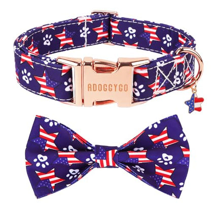 ADOGGYGO American Flag Dog Collar with Bow, Detachable Red Blue Star Pet Bowtie, Metal Buckle, Adjustable Patriotic 4th of July Collars for Large Dogs Boy Girl (X-Large) - color: American Flag, size: X-Large