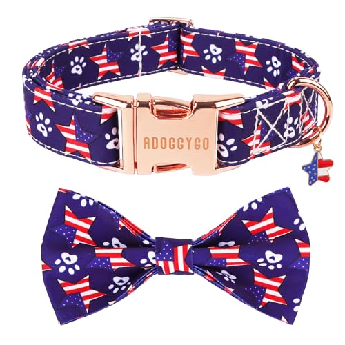 ADOGGYGO American Flag Dog Collar with Bow, Detachable Red Blue Star Puppy Bowtie, Metal Buckle, Adjustable Patriotic 4th of July Collars for Small Dogs Boy Girl (Small) - color: American Flag, size: Small