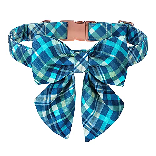 Maca Bates Dog Collar-Colorful Grid and Ripple Pattern Sailor Bow Tie,Adjustable Collar with Metal Buckle for Cat and Dog - color: Plaid-mini blue grid, size: XS