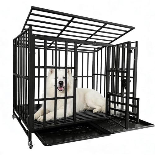 49Inch Heavy Duty Indestructible Dog Crate for Large Dogs,Escape-Proof Steel Kennel for Large & High-Anxiety Dogs,3Door Design with 4Lockable Wheels,Extra Large XXL Dog Cage with 2Removable Tray - size: 49