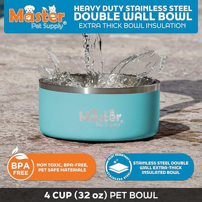 Master Pet Supply Stainless Steel Dog Bowls - 32 oz, Heavy Duty - Aqua Sky, Double Wall Extra-Thick Insulated, Non-Slip Pet Water Bowl for Dogs, Cats & Pets, Anti Rust Metal, Dish Washer Safe - color: Aqua Sky, size: 4 Cups (32 oz)