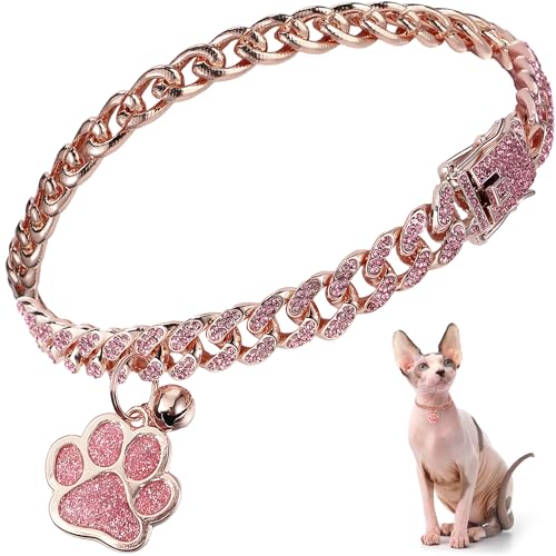 Hillban Cat Collar Diamond Chain Glitter Collar Walking Metal with Secure Buckle Cat Pet Necklace with Paw Charm and ID Tag Bell Link Cuban Jewelry Accessories Gift(8 Inch,Rose Gold, Pink) - color: Rose Gold, Pink, size: 8 Inch
