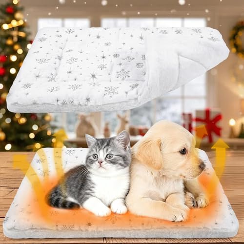 2 Pack Winter Self Warming Cat Mat Snowflake White Self Heating Pad Bed 22" x 18" Reversible Reflects Body Heat Machine Washable Thermal Pet Blanket for Winter Indoor Pet Kitten Dog Crate - color: White