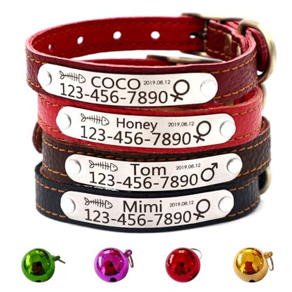 Personalized Leather Cat Collar,Custom with Name Plate and Bell for Boy and Girl Kitten/Cat(XXS,Claret) - color: Claret, size: XXS