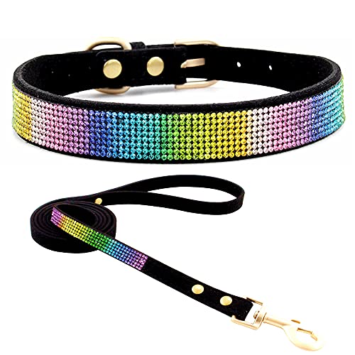 Rhinestone Bling Leather Dog Collar and Leash Set, Cute Dazzling Sparkling Soft Velvet Dog Cat Collar Crystal Diamond Puppy Collar (XS, Black2) - color: Black2, size: XS