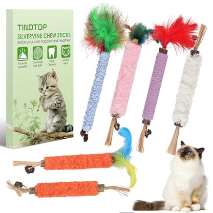 TINDTOP Cat Chew Toys, 6 Pack Silvervine Chew Sticks for Kittens Teeth Cleaning, Matatabi Dental Care, Increase Appetite, Aggressive Chewers Cat Dental Toy - color: 6 Pack