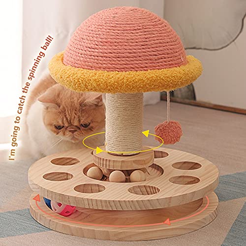 Cat Scratching Post with Hanging Ball,Cat Turntable Ball Toy,Cat Mushroom Sisal Scratcher,Kitten 2 Layer Wooden Track Spinning Balls,Fun Turntable Toy for Indoor Cats Physical Exercise