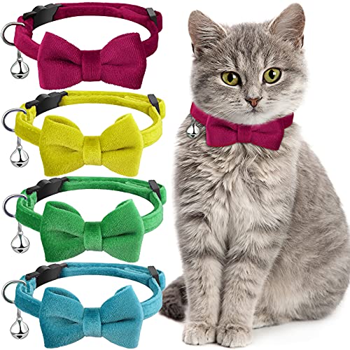 4 Pieces Cat Bow Tie Collar with Bell Breakaway Cat Comfortable Velvet with Cute Safety Pet Collar for Pet Kitten Puppy(Small,Yellow, Green, Rose Red, Blue) - color: Yellow, Green, Rose Red, Blue, size: Small