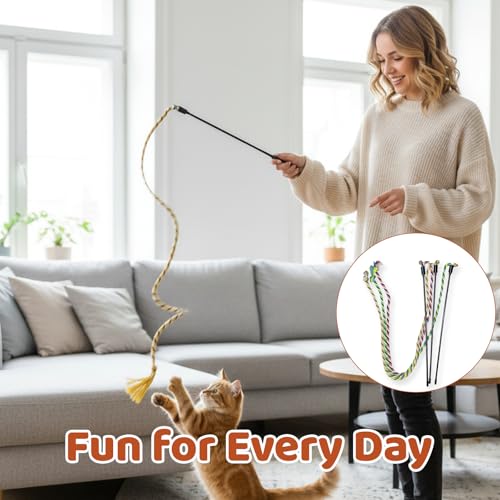 Cat Wand Toys for Indoor Cats, 3 Pack cat String Rope Toy Set, Colorful Interactive Teaser Wand with Rope Stick, Interactive Teaser Toys for Kittens and Adult Cats