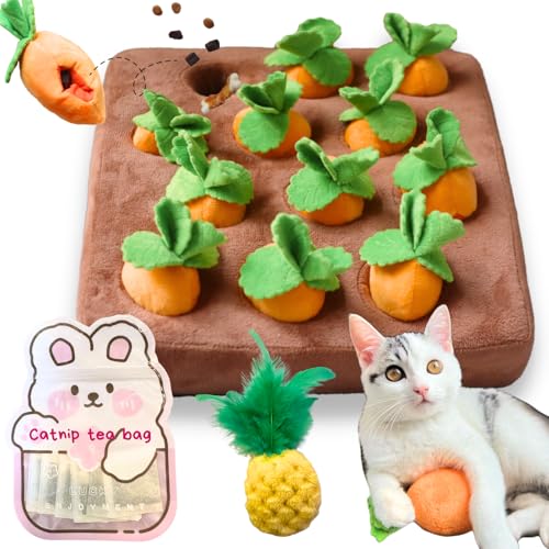 CECE PAW Carrot Catnip Toys, Interactive Feather Cat Toys for Indoor Cats, Cat Puzzle Toys for Boredom and Mental Stimulation, 12 Squeaky Carrots with Treat Pockets and 12 Catnip Tea Bags - color: Carrot Puzzle + Catnip, size: Cat