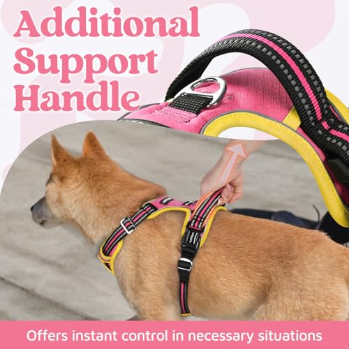 rabbitgoo Dog Harness Small Sized, No Pull Dog Vest with 3 Buckles, Adjustable Soft Padded Pet Harness with Easy Control Handle and Reflective Strips, Pink & Yellow, S - color: Pink & Yellow, size: Small