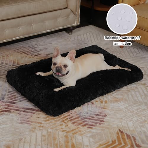 Bedfolks Waterproof Crate Pad, Plush Faux Fur Dog Bed With Removable Cover for Medium Dogs, Fluffy Washable Kennel Bed 29"x21", Black - color: Solid Black, size: Medium(29x21'')