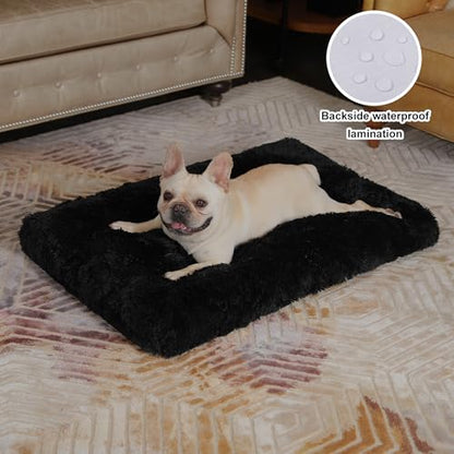 Bedfolks Waterproof Crate Pad, Plush Faux Fur Dog Bed With Removable Cover for Medium Dogs, Fluffy Washable Kennel Bed 29"x21", Black - color: Solid Black, size: Medium(29x21'')