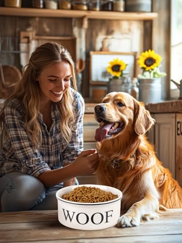 Ceramic Dog Bowl with Bone Pattern - 8" Extra Large Food Water Bowl for Medium and Large Dogs, Weighted, Microwave & Dishwasher Safe, 55 oz (Beige) - color: Off-white