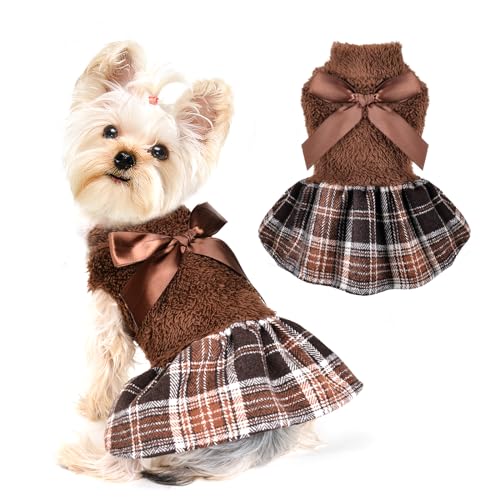 Dog Sweater Dress,Winter Dog Dress Dresses for Small Dogs Girl Flannel Warm Pet Puppy Cat Princess Plaid Sweater Fall Female Clothes (X-Small, Brown) - color: #1 Brown, size: X-Small (Chest 14.2 in)