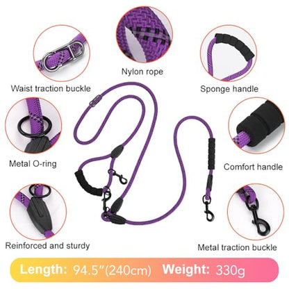 Cymiler Hands Free Dog Leash, 8 Ft Reflective Cross-Body Pet Rope Leashes with Sponge Handle, Heavy Duty Nylon, for Running, Hiking, Training, Waist Leash for Small Medium Large Dogs (Purple) - color: Purple