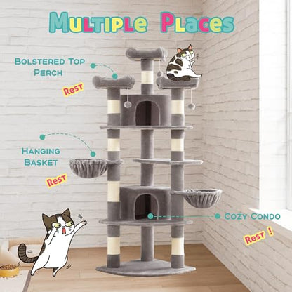 SHA CERLIN 73" Space-Saving Cat Tree/Multi-Level Tall Cat Tower with Perches/Scratching Posts/Condo & Hanging Baskets/Modern Fan-Shaped Design for Indoor Kitties/Pet Activity House/Grey - color: Grey