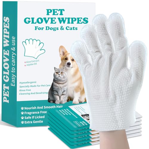Pet Glove Wipes for Dogs and Cats - Dog Washing Gloves, Cat Bathing Wipes, Individually Wrapped, Moisture-Rich Thickened, Cleaning & Deodorizing, Hypoallergenic, Rinse Free for Grooming and Travel