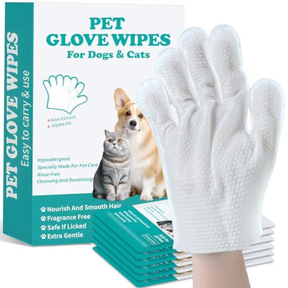 Pet Glove Wipes for Dogs and Cats - Dog Washing Gloves, Cat Bathing Wipes, Individually Wrapped, Moisture-Rich Thickened, Cleaning & Deodorizing, Hypoallergenic, Rinse Free for Grooming and Travel