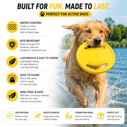 Dog Flying Disc, Durable Soft EVA Flying Ring for Aggressive Chewers, Interactive Fetch & Training Toy, Floats in Water, Safe on Teeth & Gums, Beach Pool Play (Yellow) - color: Yellow