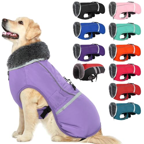 QBLEEV Warm Dog Coat Reflective Winter Jacket, Waterproof Windproof Dog Turtleneck Clothes for Cold Weather, Thicken Fleece Lining Pet Outfit, Adjustable Pet Vest Apparel for Small Medium Large Dogs - color: Lavender, size: Medium