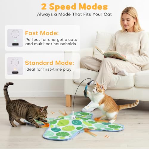 Interactive Cat Toys with Bird, Hide and Seek Cat Toy, 2 in 1 Automatic Moving Concealed Feathers for Indoor Cats, Non-Slip Suction, Touch Activated, USB Rechargeable, Green - color: Green-with Bird