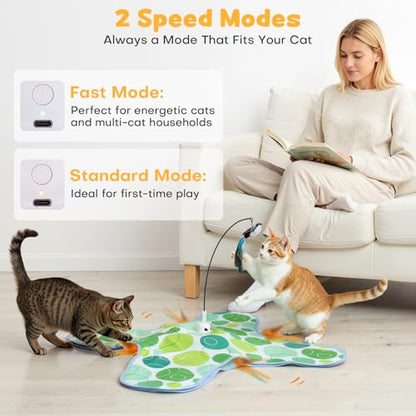 Interactive Cat Toys with Bird, Hide and Seek Cat Toy, 2 in 1 Automatic Moving Concealed Feathers for Indoor Cats, Non-Slip Suction, Touch Activated, USB Rechargeable, Green - color: Green-with Bird