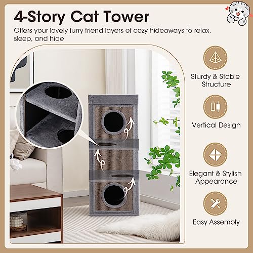 PETSITE 4-Story Cat Tree Condo Barrel Tower, 39 Inches Top High Edge Cat Condo Bed with Removable Cushion, Natural Sisal-Covered Scratching Board Indoor Cat Furniture, Grey