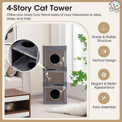 PETSITE 4-Story Cat Tree Condo Barrel Tower, 39 Inches Top High Edge Cat Condo Bed with Removable Cushion, Natural Sisal-Covered Scratching Board Indoor Cat Furniture, Grey