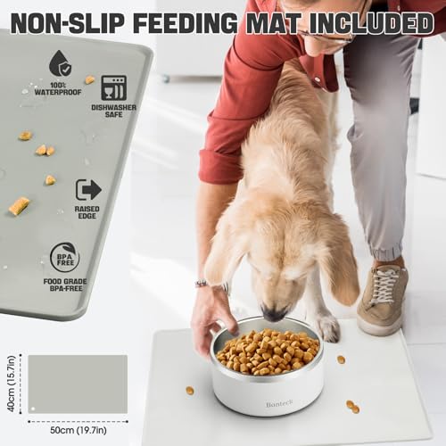 Bonteck Dog Bowl - Dog Water and Food Anti Rust & Non Slip Metal Bowls Large, Spill Proof Insulated Double Wall Pet Dish for Dogs, Cats & Pets, Stainless Steel, Dishwasher Safe (100 oz, Black)
