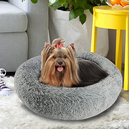 Arlee Donut Round Pet Dog Bed - Memory Foam - Calming Reduce Anxiety - Shaggy Vegan Fur - Assembled USA, Charcoal - color: Charcoal, size: Small