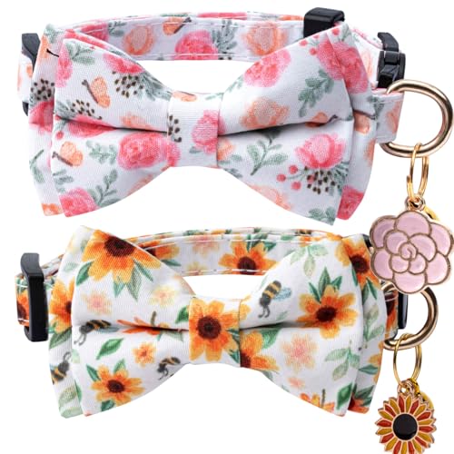 2 Pack Cotton Cat Collar with Bow Tie and Bell for Girl Boy Cats,Cute Pink Flamingo and Blue Whale Pattern Spring Summer Breakaway Cat Collar for Male Female Cats (Flower&Sunflower) - color: Flower&Sunflower