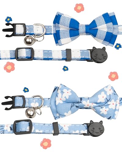 Cat Collar with Bow Tie Bell Breakaway Bowtie 2pcs Set Spring Plaid Flower Floral Solid Boy Girl Cute Kitten Safety A Blue Flower & Plaid - color: A [Flower & Plaid]-Blue