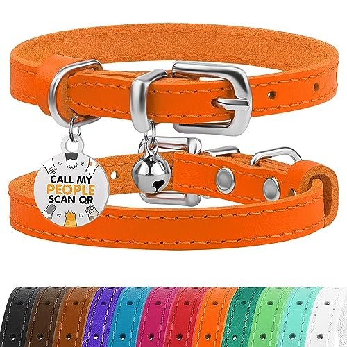 Leather Cat Collar with Removable Bells Non Breakaway Kitten QR Tag for Girl Boy (9" - 12" Cats/Mini Dogs, Orange & Silver) - color: Orange & Silver, size: 9 - 12 inch