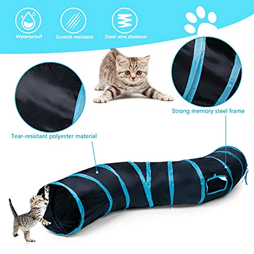 Sheldamy Cat Tunnel, S-2-Way Cat Tunnels for Indoor Cats, Collapsible Cat Play Tunnel, Interactive Toy Maze Cat House with 1 Play Ball for Cats, Puppy, Kitty, Kitten, Rabbit (Blue & Black) - color: S-2 Way Black & Blue