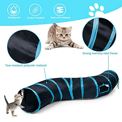 Sheldamy Cat Tunnel, S-2-Way Cat Tunnels for Indoor Cats, Collapsible Cat Play Tunnel, Interactive Toy Maze Cat House with 1 Play Ball for Cats, Puppy, Kitty, Kitten, Rabbit (Blue & Black) - color: S-2 Way Black & Blue