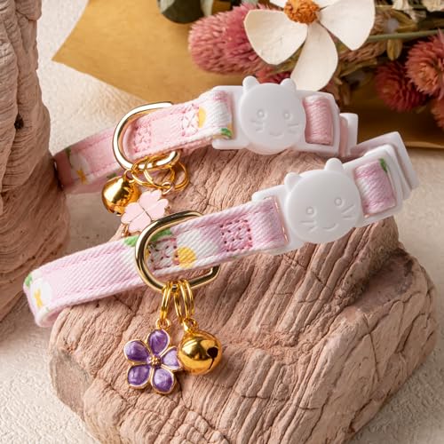 2 Pack Cotton Breakaway Cat Collar Purple and Pink Flowers Pendant Cute Kitten Cat Collar with Bell - color: Purple&Pink