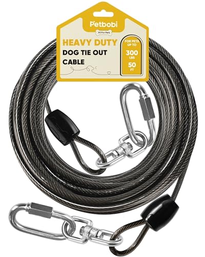 Petbobi Heavy-Duty Dog Tie-Out Cable - 50FT Extra Strong Wire Cable for Large Pets Up to 300Lbs, Rust Proof Dogs Leash with Carabiners and 360° Swivel, Pet Leads for Yard Camping Outside, Black - color: Black, size: 50FT