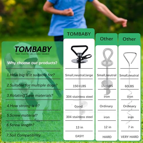 TOMBABY Dog Tie Out Cable and Stake,with 20FT Heavy Duty Cable,360° Swivel Dog Anchor& Anti-Tangle,Dog Runner for Yard,Dog Stake Allows Dogs Up to 150 lbs, Dog Stakes for Outside Beach,Camping, Yard - color: 13''black+20FT