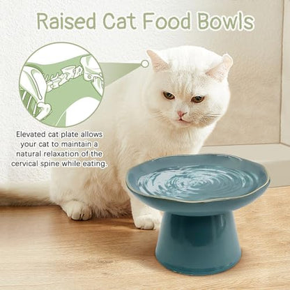 VCEPJH Raised Cat Food Bowls Shallow Cat Plate Ceramic Elevated Cats Dish 6.1in Flat Anti Whisker Fatigue Wide Pet Food & Water Feeder for Indoor Kitty Kitten (Blue) - color: blue